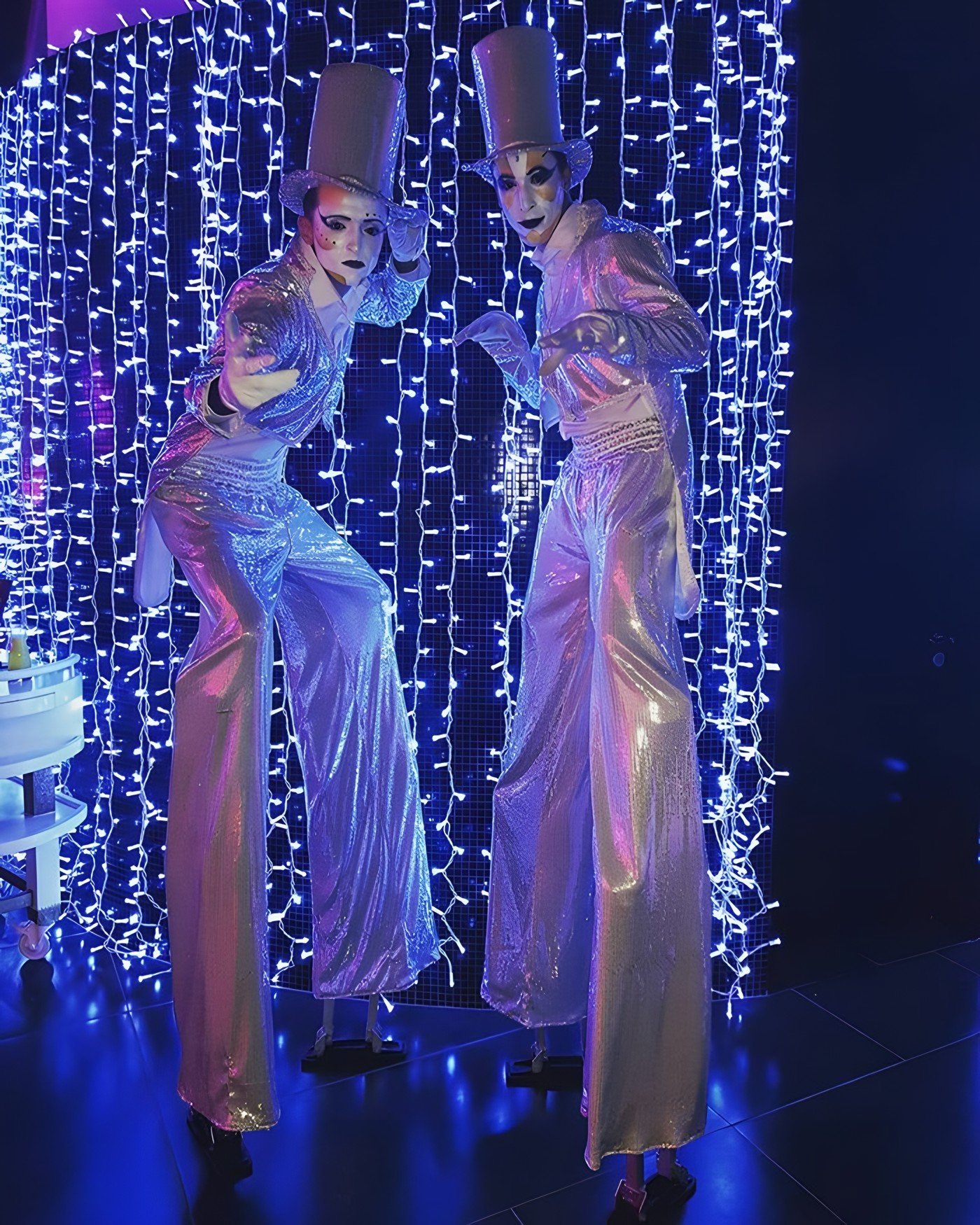 Deux échassiers en costume argenté devant un rideau lumineux